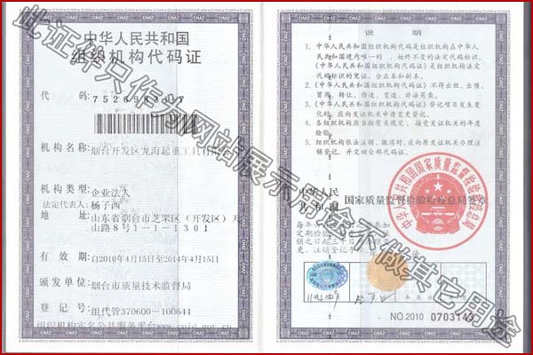 龍海起重成套設備搬運工具組織結構代碼證